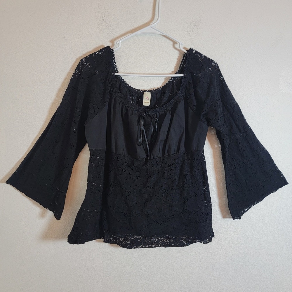 Dori Black Peasant Eyelet Bell Sleeve Top Whimsigoth Made in USA Goth Cottage